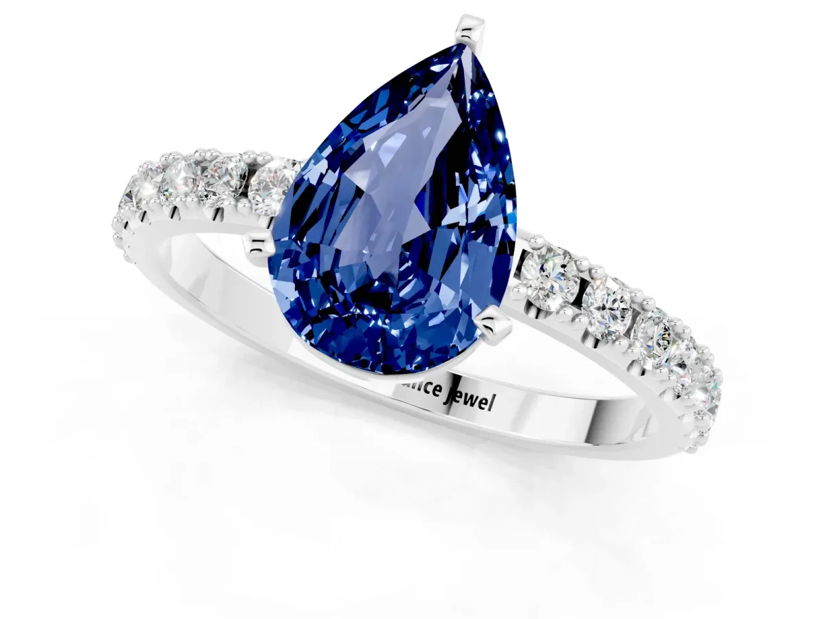 Pear Cut Blue Sapphire Solitaire Pavé Band with Four-Prong Setting Platinum