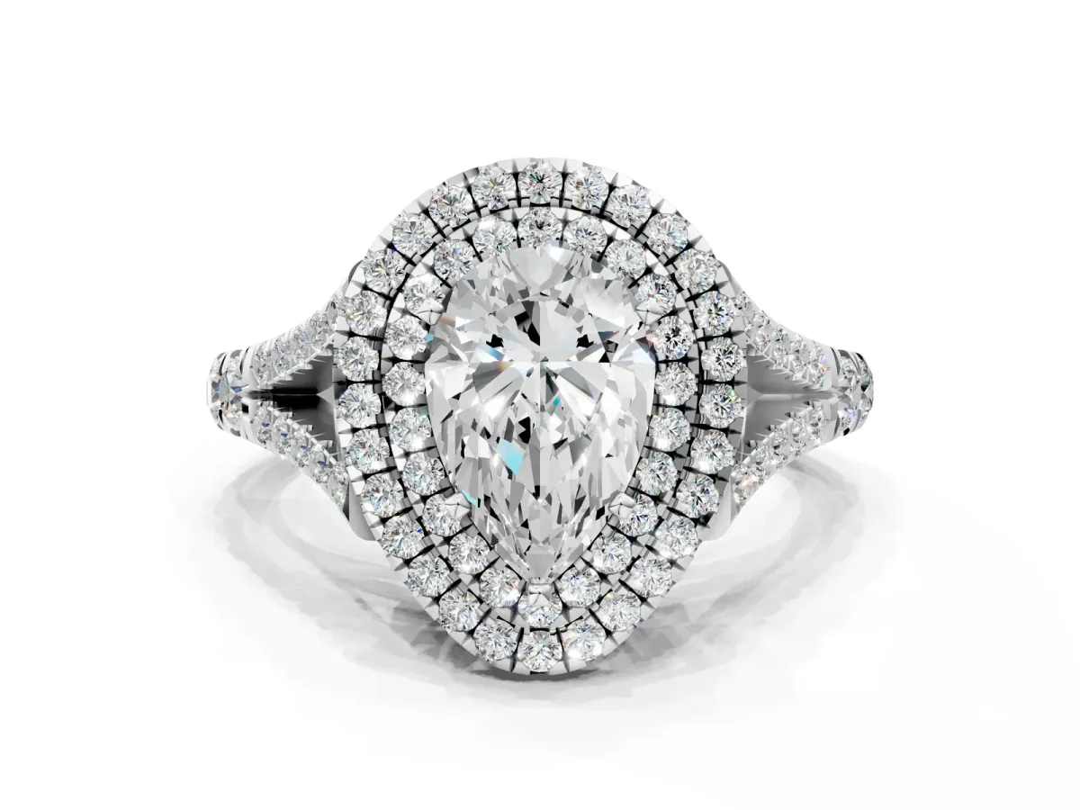 Double Halo Pear Cut Diamond Split Shank Engagement Ring with Four-Prong Setting White gold