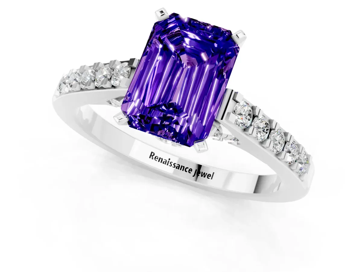 Emerald Cut Tanzanite Solitaire Ring with Crossover Gallery and Round Pavé Band Silver