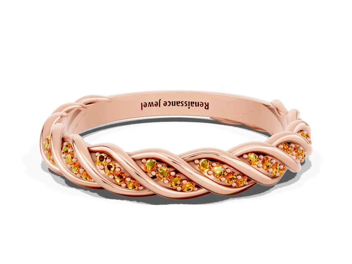 Twisted Pavé Round Citrine Eternity Band with Shared Prong Setting Rose gold