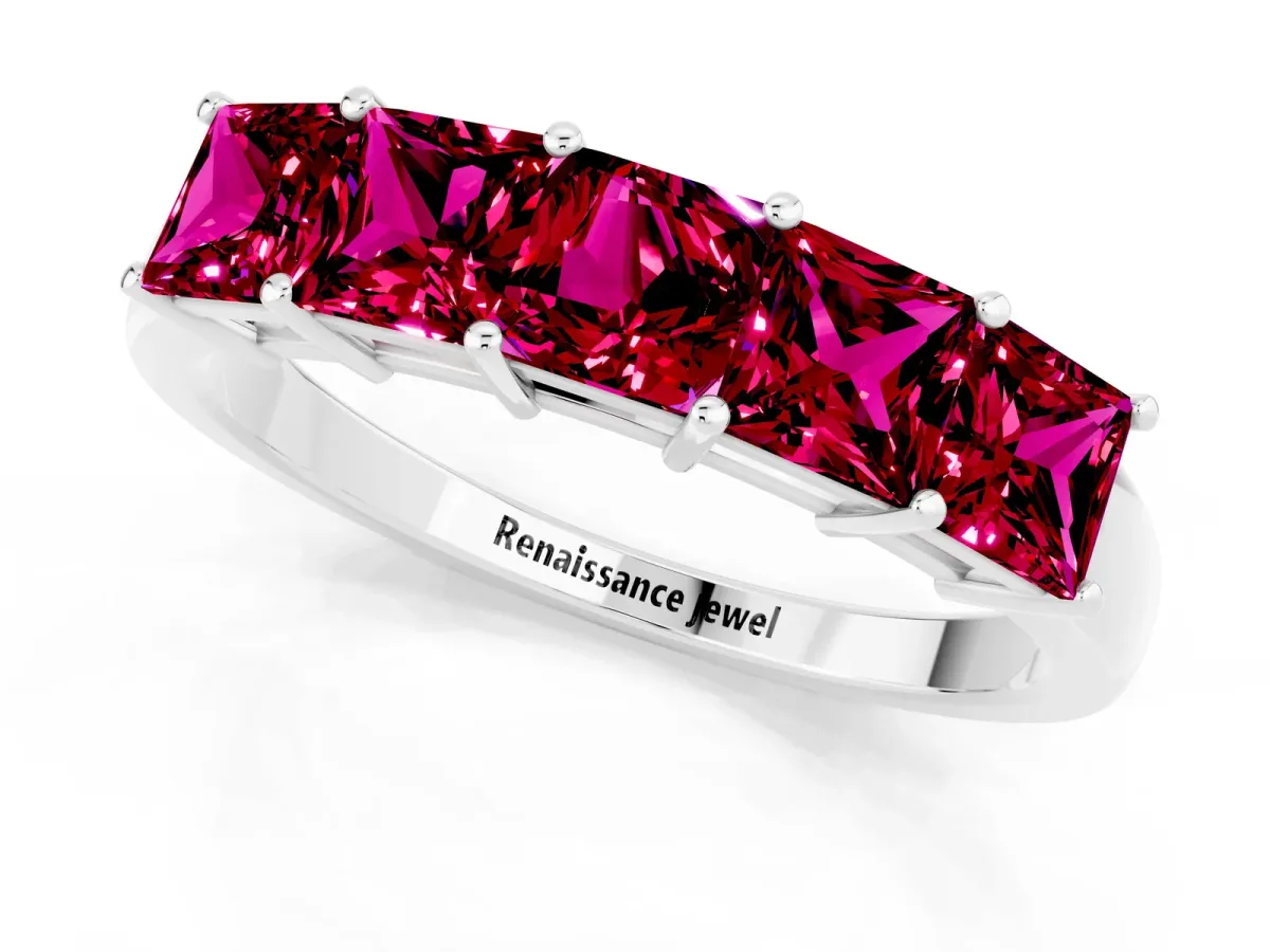 Princess Cut Five-Stone Garnet Band with Prong Setting Silver