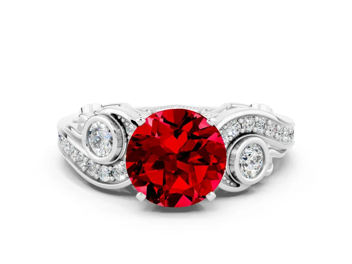 Round Cut Ruby Solitaire Ring with Milgrain Pavé Band and Four-Prong Setting Silver