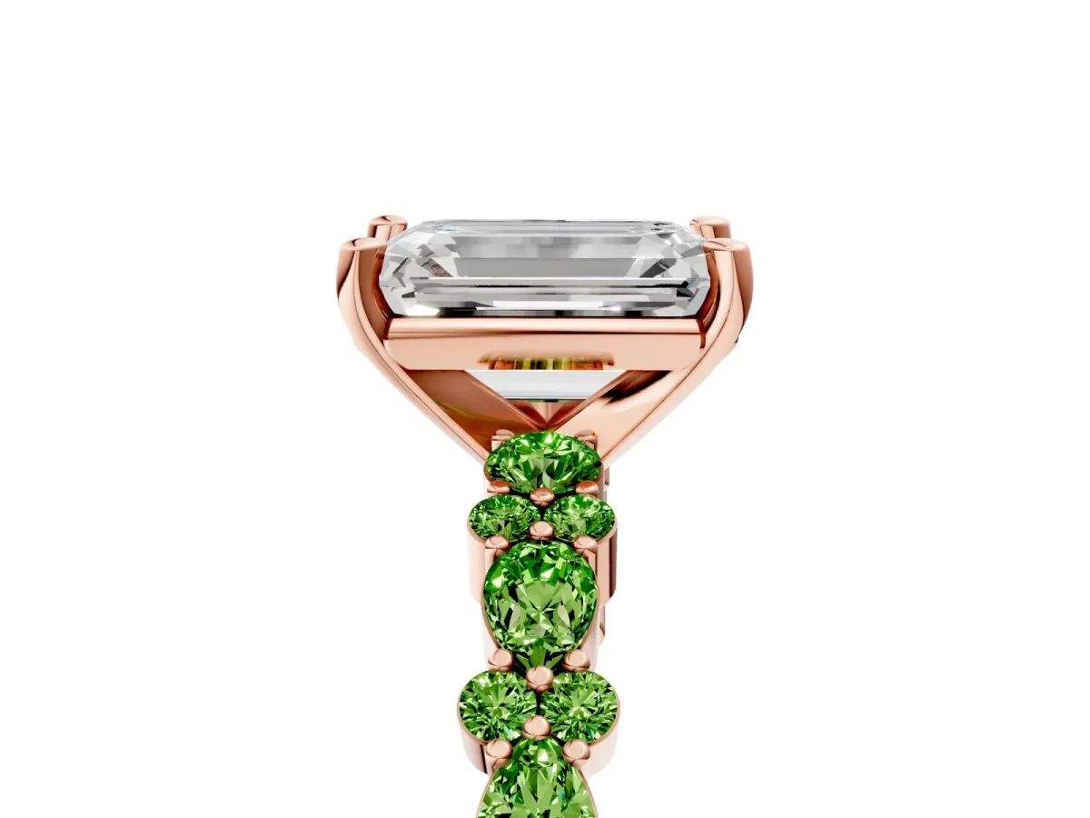 Emerald Cut Diamond Side Stone Solitaire Ring with Round Peridot and Four-Prong Setting Rose gold