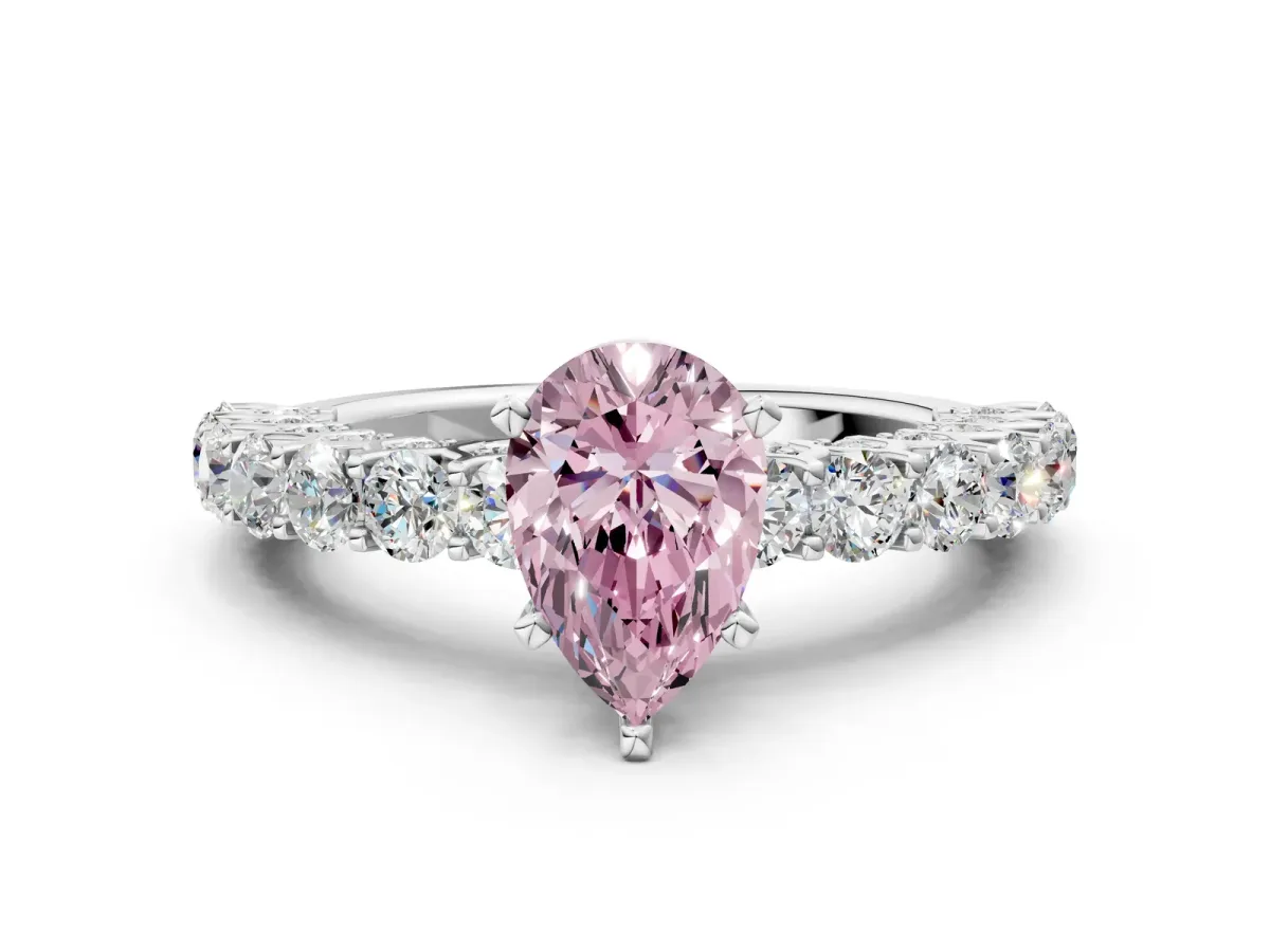Fancy Pink Pear Cut Diamond Solitaire Ring with Shared Prong Pavé Band and Four-Prong Setting Silver