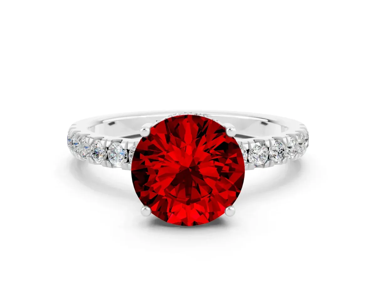 Round Cut Ruby Pave Band Solitaire Ring with Round and Prong Setting Platinum