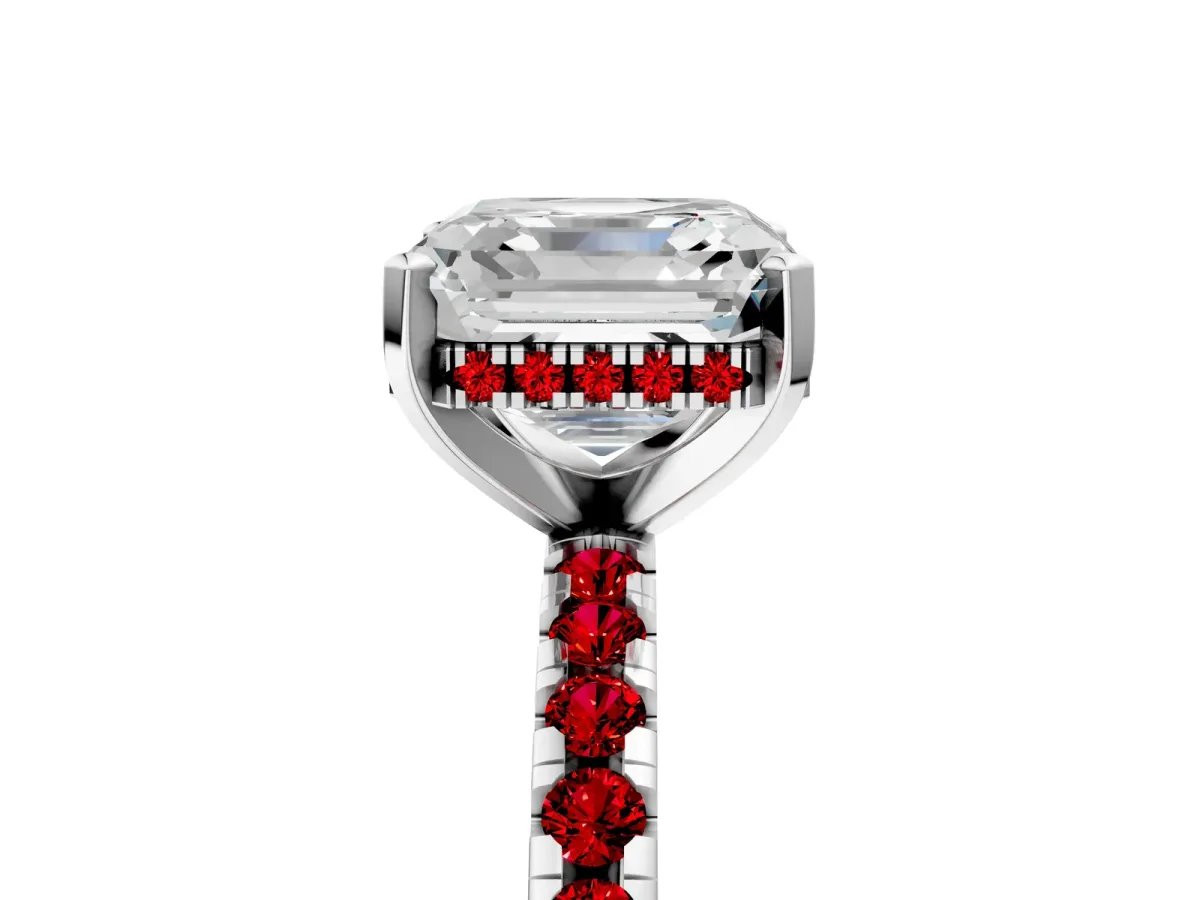 Asscher Cut Diamond Solitaire Ring with Round Ruby Pavé Band and Four-Prong Setting Platinum