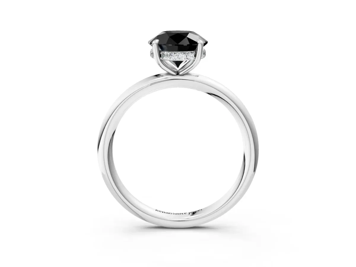Fancy Black Round Cut Diamond Solitaire Ring with Thin Band and Four-Prong Setting Silver