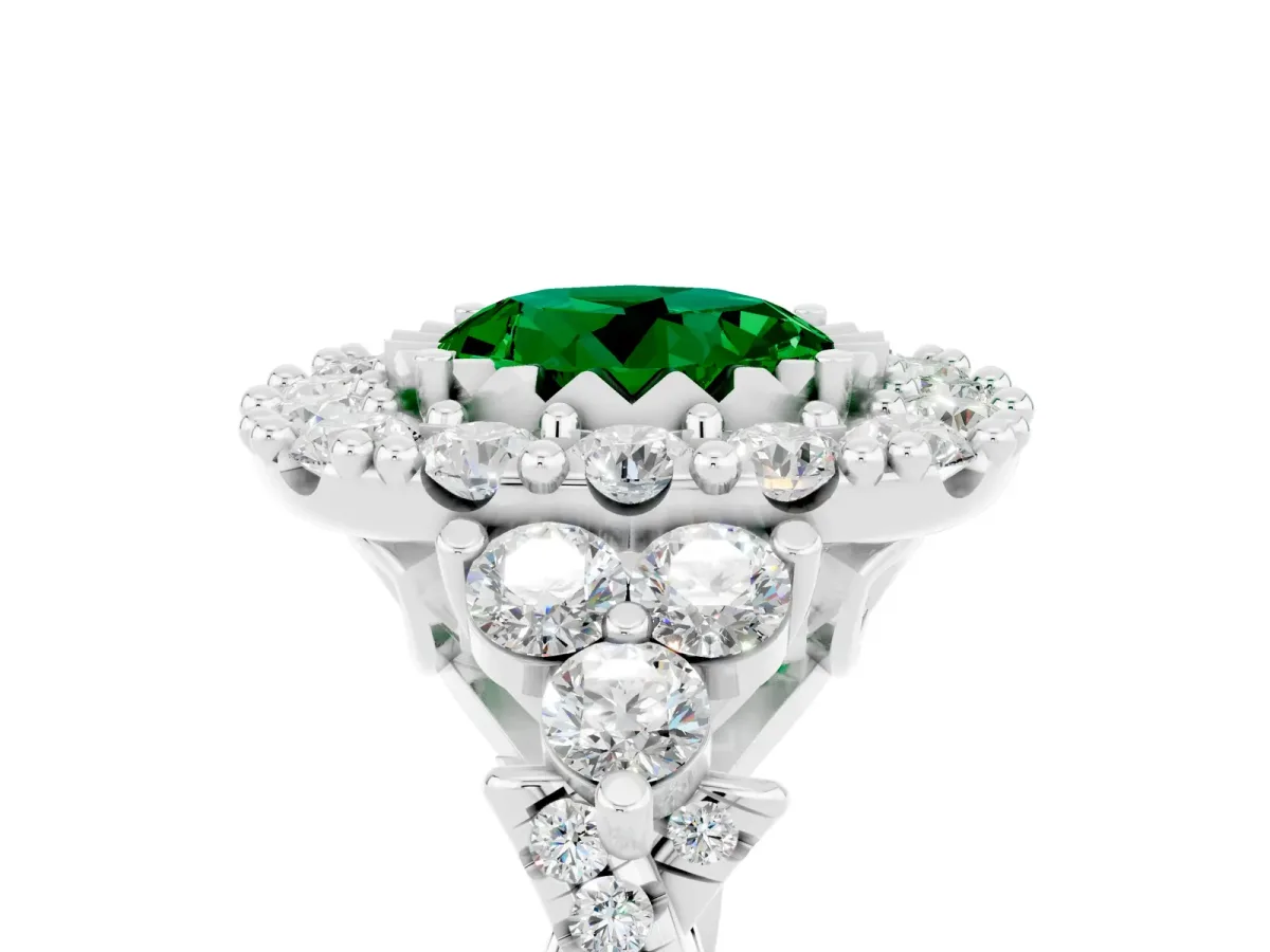 Round Cut Emerald Halo Ring with Pavé Band and Four-Prong Setting Silver