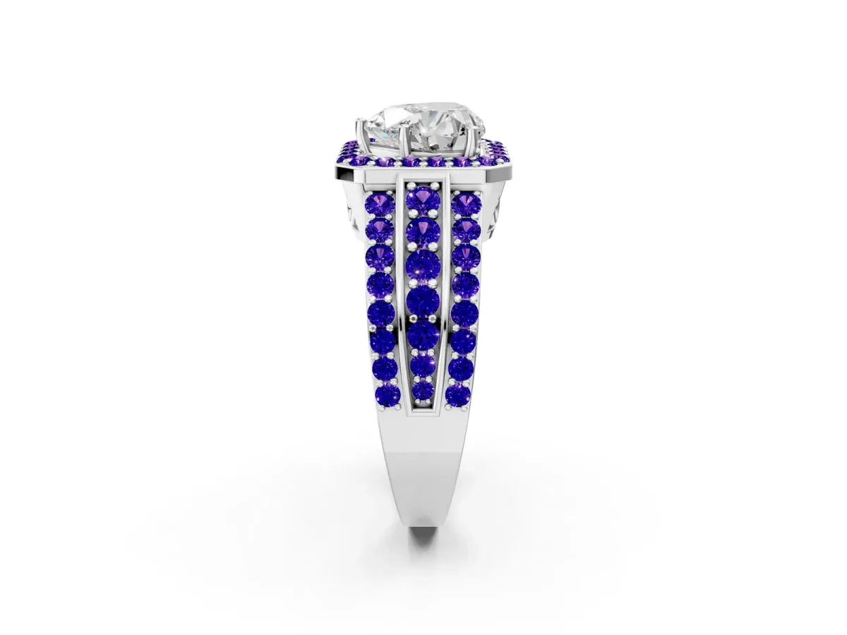 Heart Cut Halo Diamond Ring with Round Tanzanite Split Shank and Prong Setting Silver