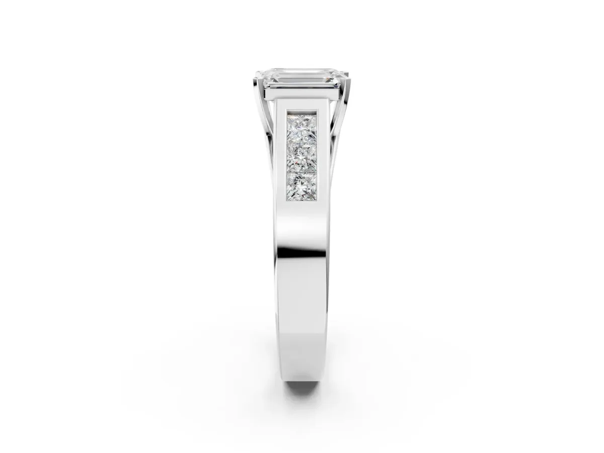 Emerald Cut Cut Channel Set Solitaire Ring with Four-Prong Setting White gold