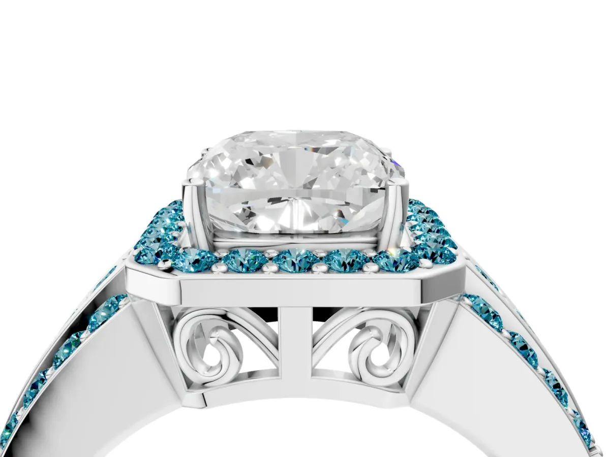Cushion Cut Halo Diamond Ring with Round Blue Topaz Split Shank and Prong Setting Silver