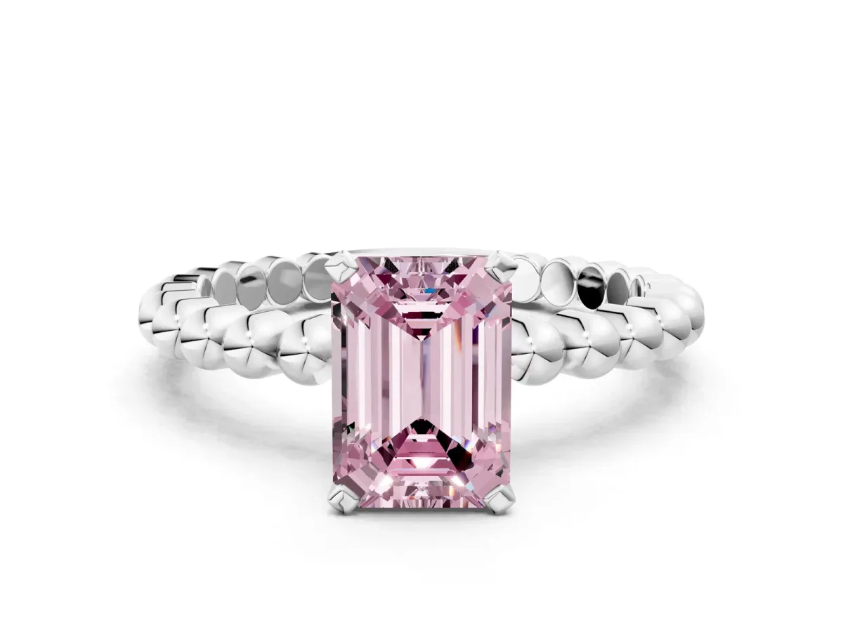 Fancy Pink Emerald Cut Diamond Solitaire Ring with Beaded Band and Prong Setting Silver