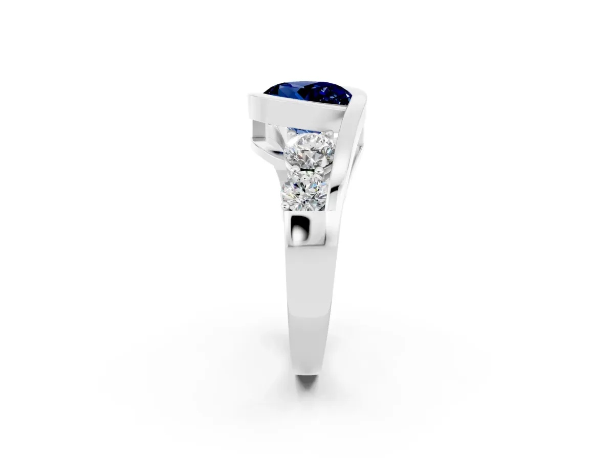 Bezel Set Round Cut Blue Sapphire Bypass Ring with Round Accents Platinum