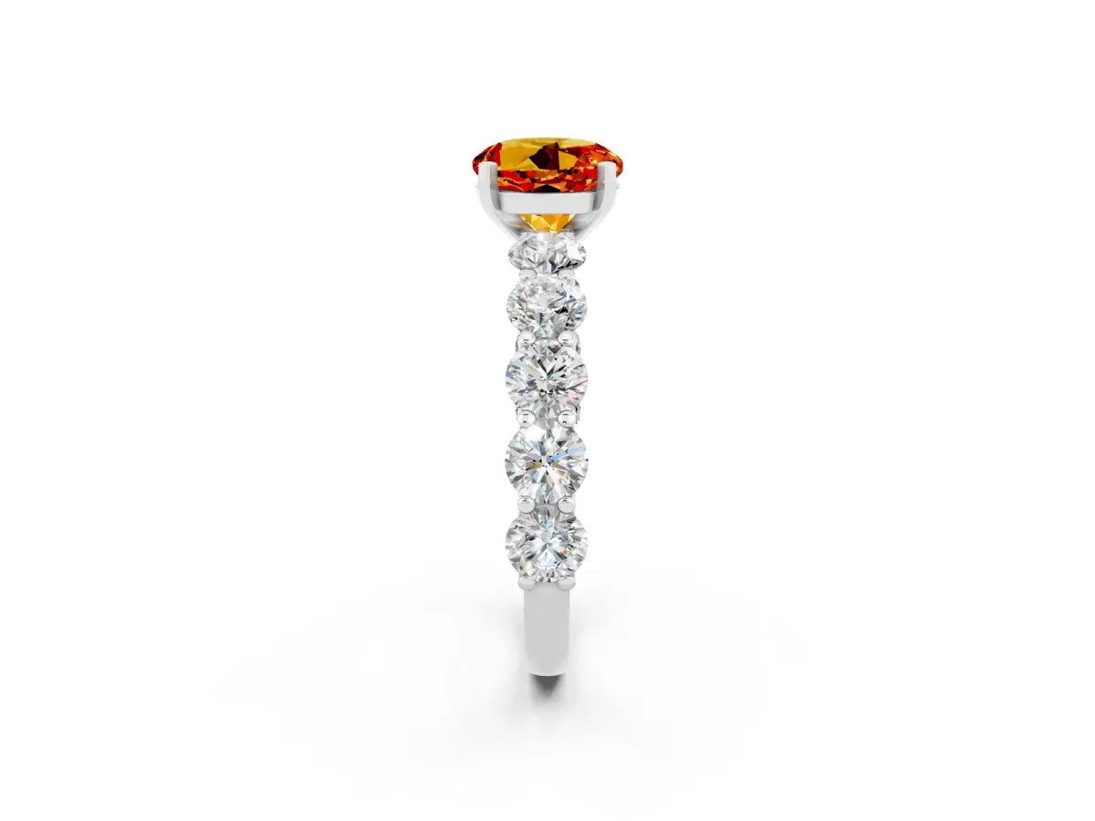 Round Cut Citrine Prong Setting with Side Stones on a Pave Band Platinum