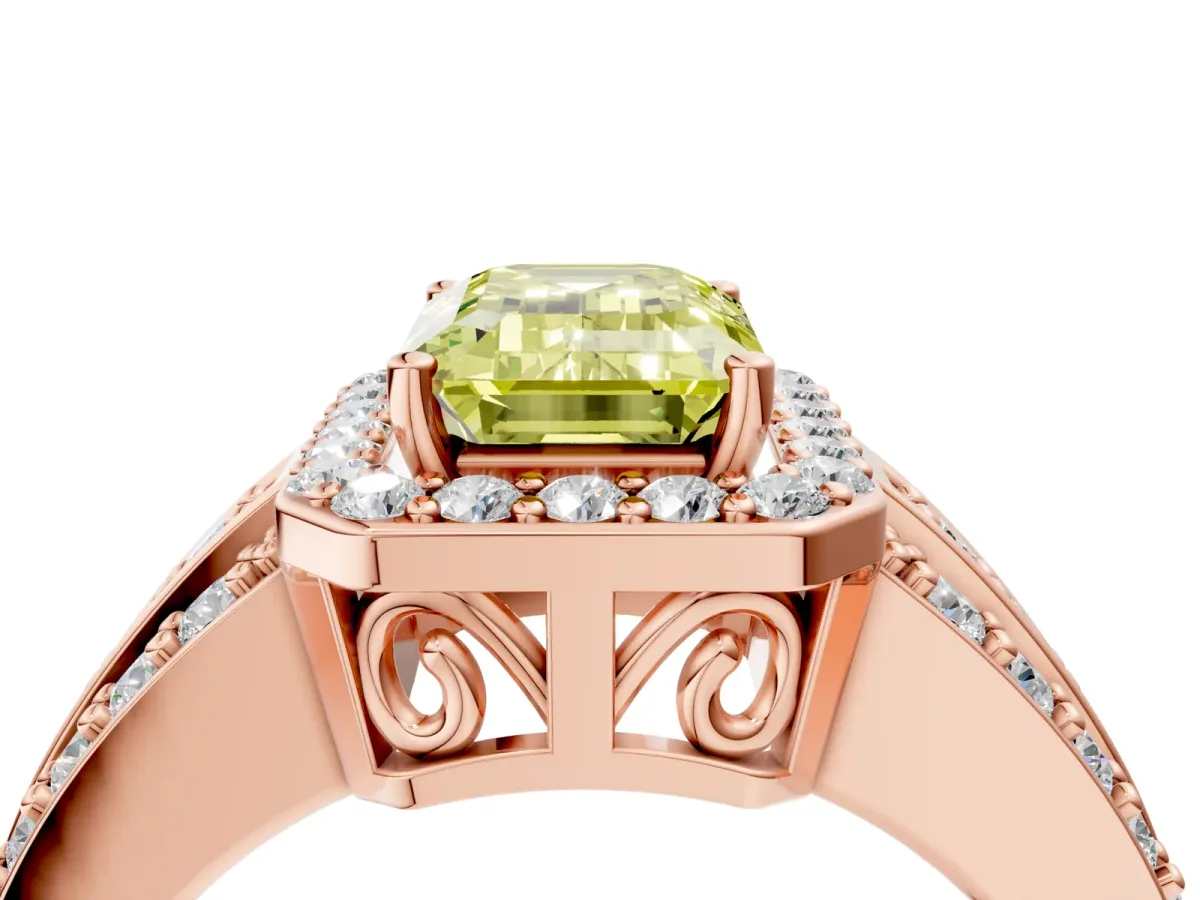 Fancy Yellow Emerald Cut Halo Diamond Ring with Round Split Shank and Prong Setting Rose gold