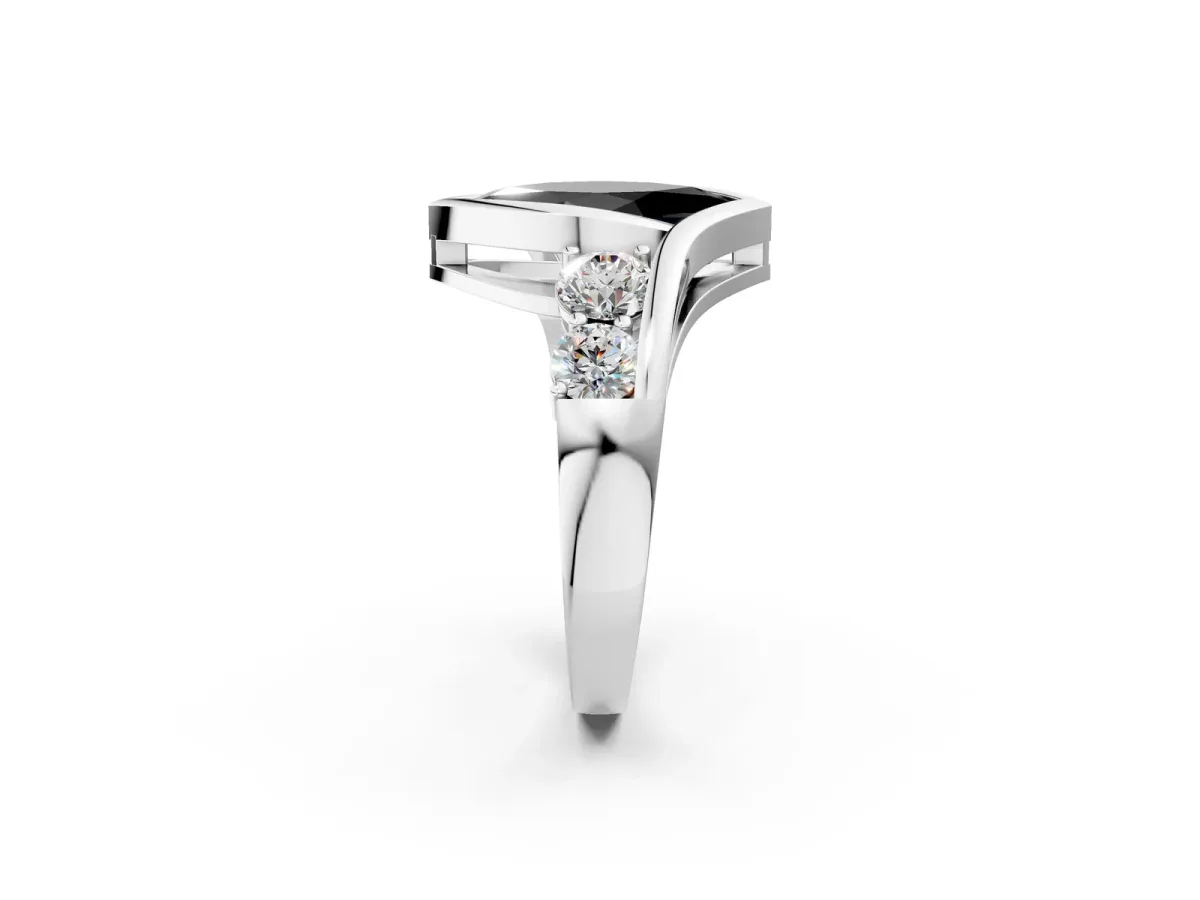 Fancy Black Bezel Set Marquise Cut Diamond Bypass Ring with Round Accents Silver