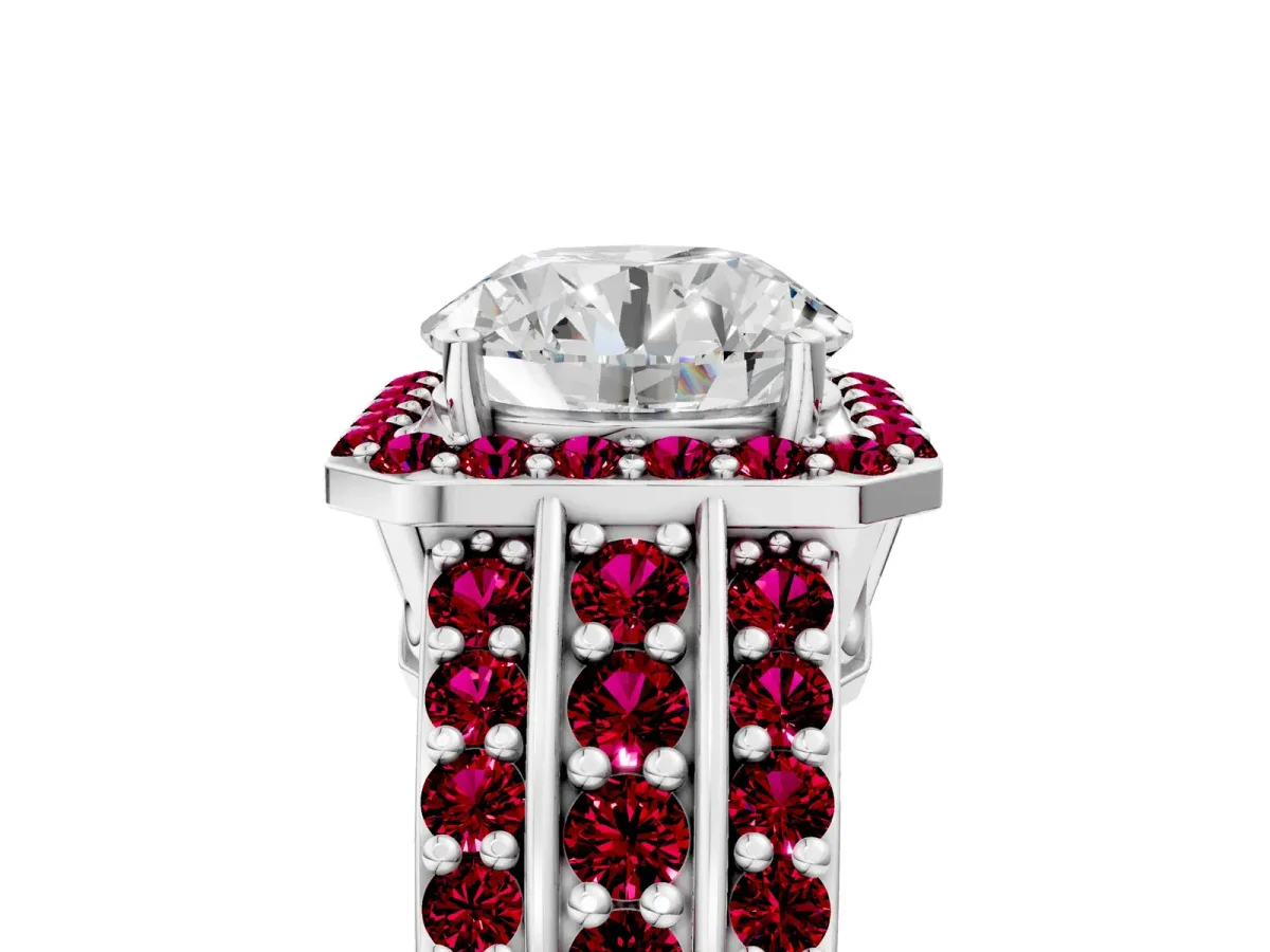 Round Cut Halo Diamond Ring with Round Garnet Split Shank and Prong Setting Platinum