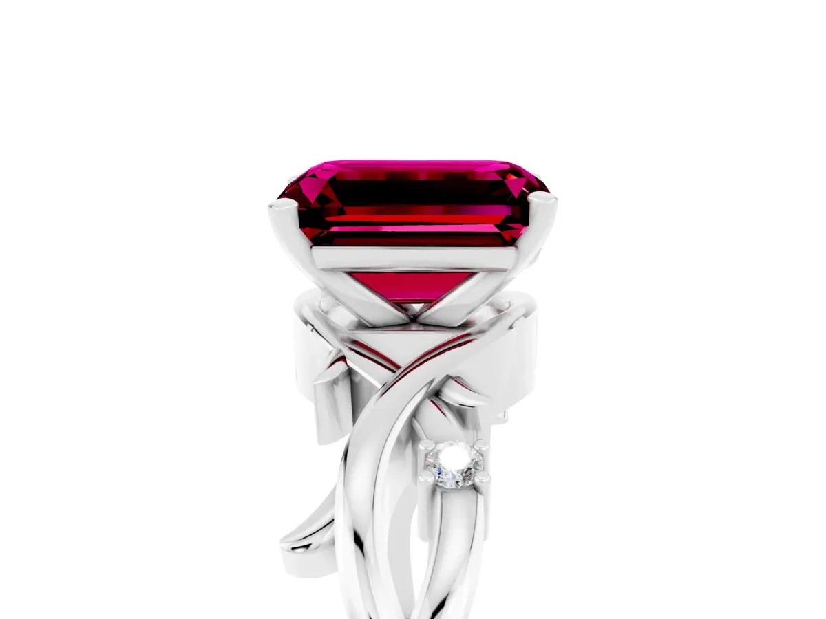 Emerald Cut Garnet Solitaire Ring with Twisted Band and Prong Setting White gold
