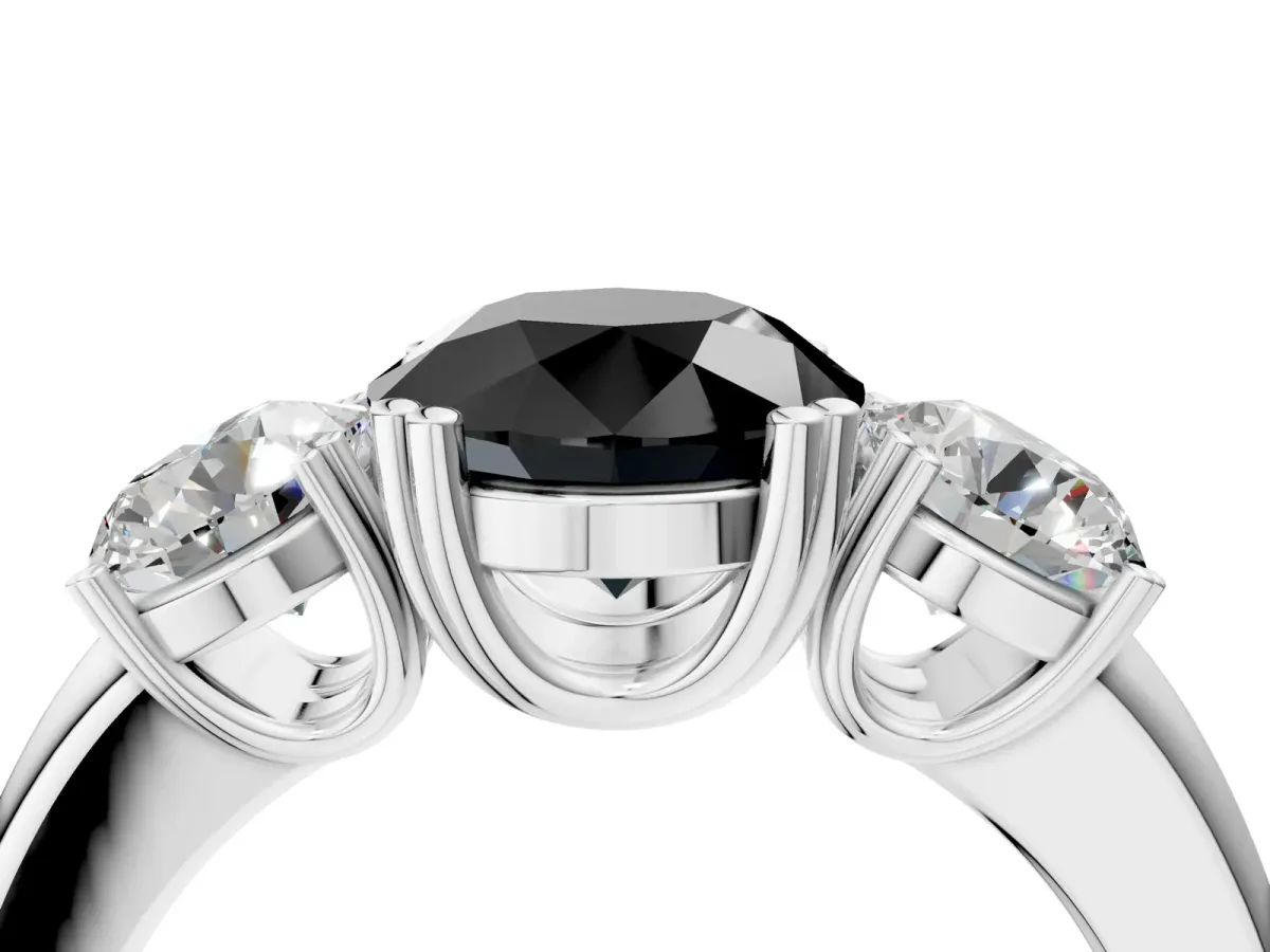 Fancy Black Three-Stone Round Cut Cut Diamond Ring with Channel Set Band and Four-Prong Setting Silver