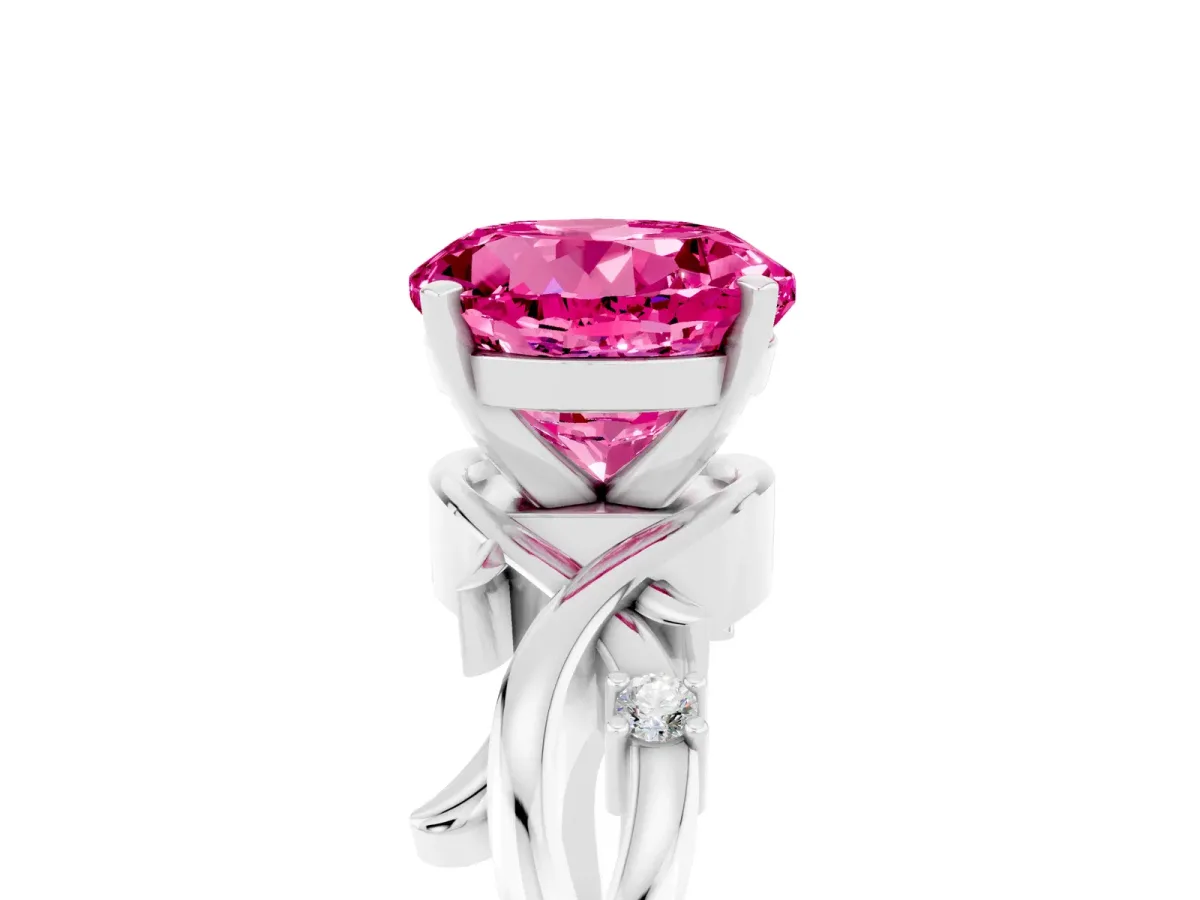 Round Cut Pink Sapphire Solitaire Ring with Twisted Band and Prong Setting Silver