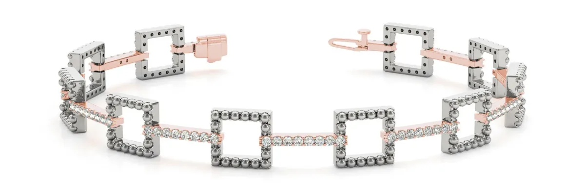 Beaded Square Link Bracelet with Round Cut Diamonds and Channel Setting Rose gold