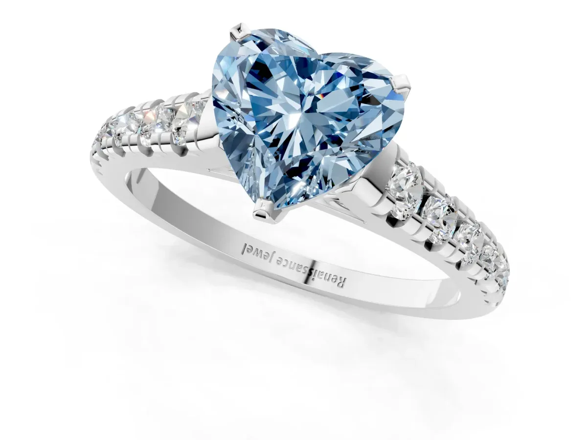 Fancy Blue Heart Cut Diamond Cathedral Solitaire Ring with Round Pavé Band Silver