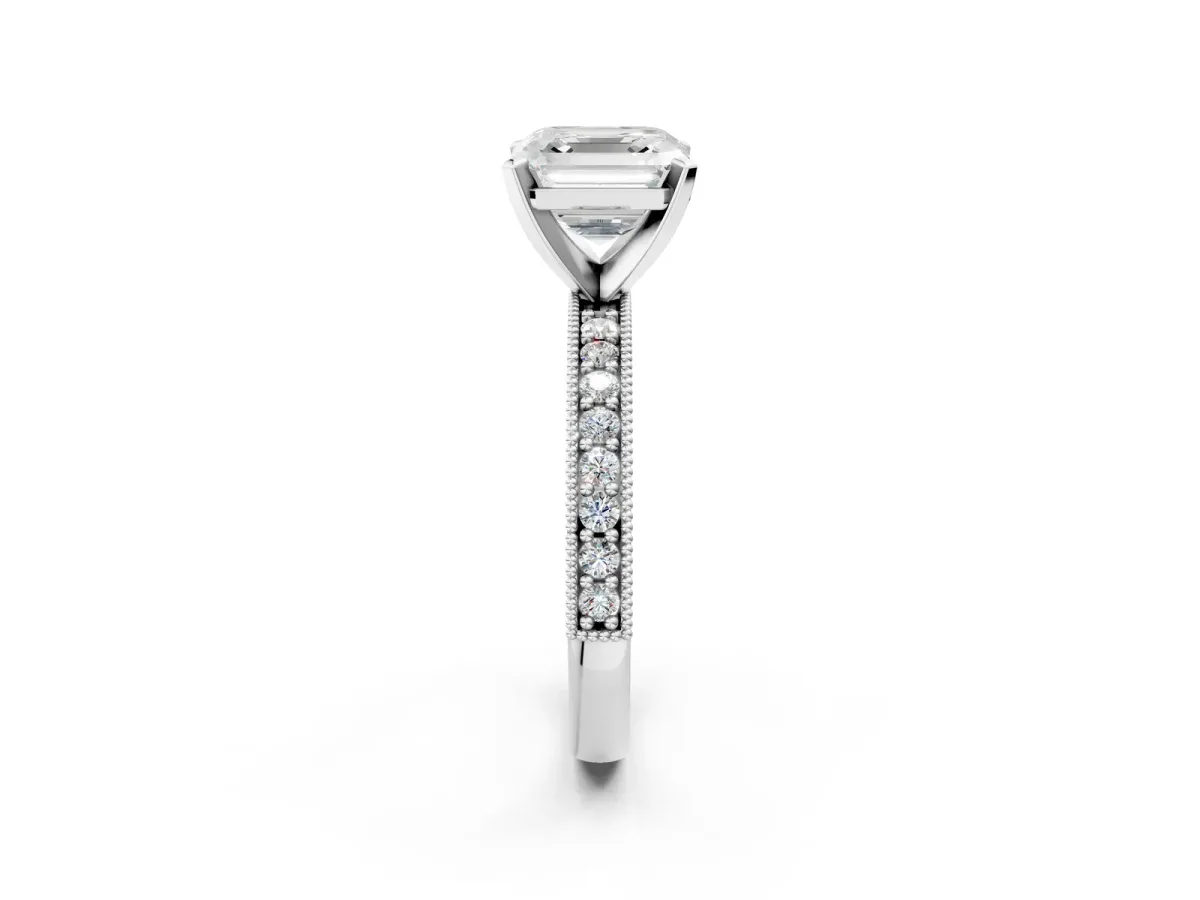 Asscher Cut Diamond Milgrain Pavé Engagement Ring with Four-Prong Setting Platinum