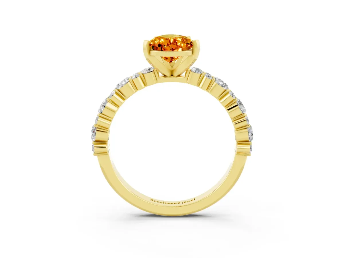 Pear Cut Citrine Side Stone Solitaire Ring with Round and Four-Prong Setting Yellow gold