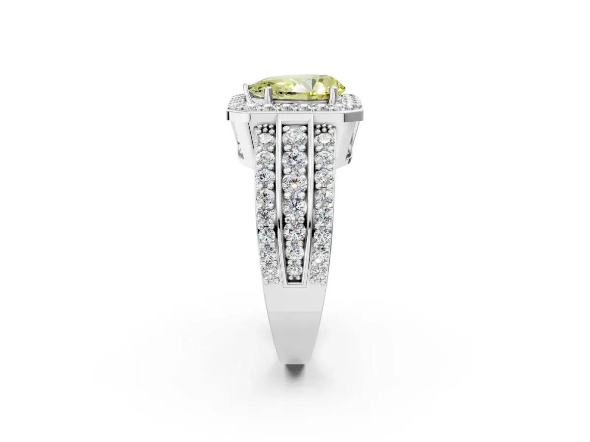 Fancy Yellow Pear Cut Halo Diamond Ring with Round Split Shank and Prong Setting Silver