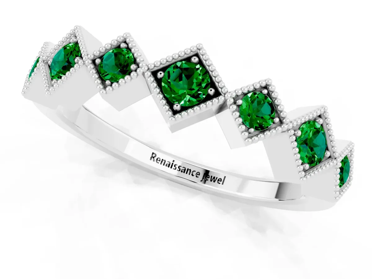 Milgrain Square Bezel Round Emerald Chevron Band Platinum