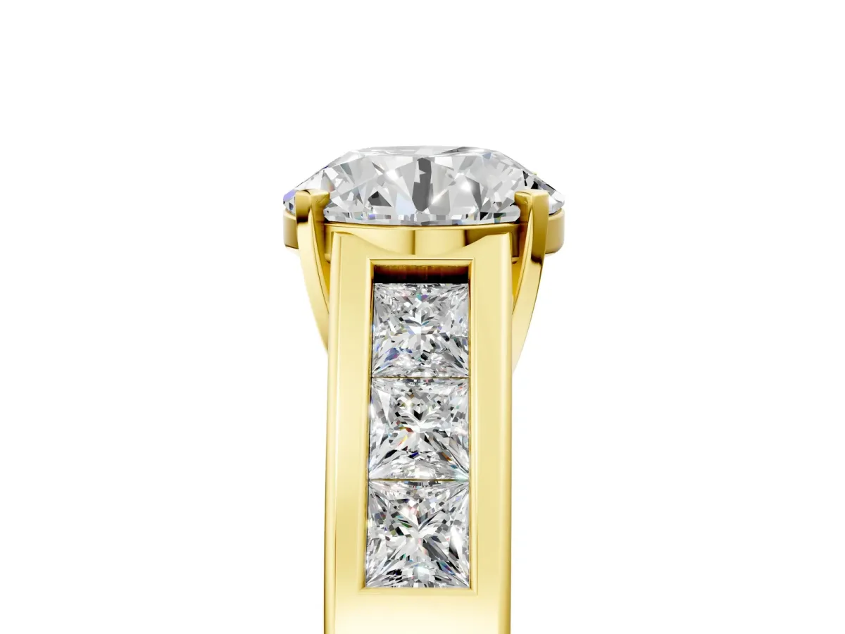 Round Cut Cut Channel Set Solitaire Ring with Four-Prong Setting Yellow gold