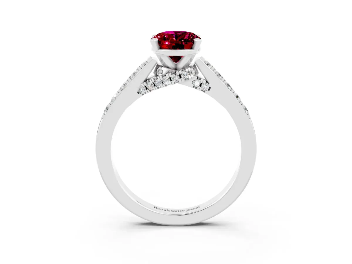 Oval Cut Garnet Solitaire Ring with Crossover Gallery and Round Pavé Band Silver