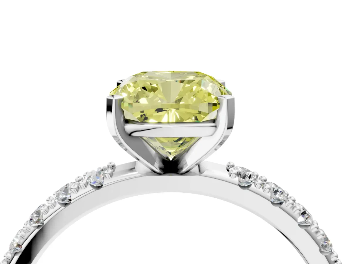 Fancy Yellow Cushion Cut Diamond Solitaire Pavé Band with Four-Prong Setting Silver