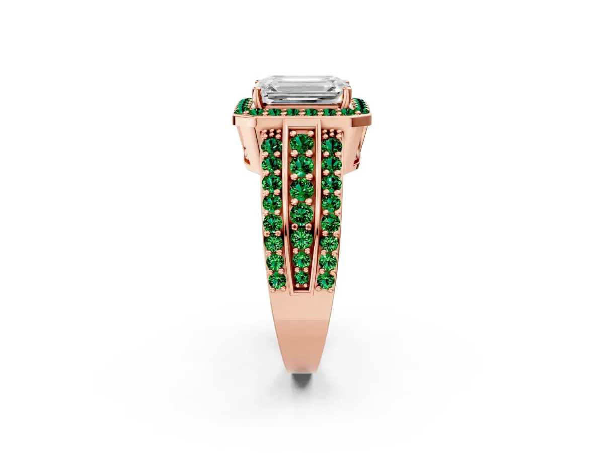 Emerald Cut Halo Diamond Ring with Round Emerald Split Shank and Prong Setting Rose gold