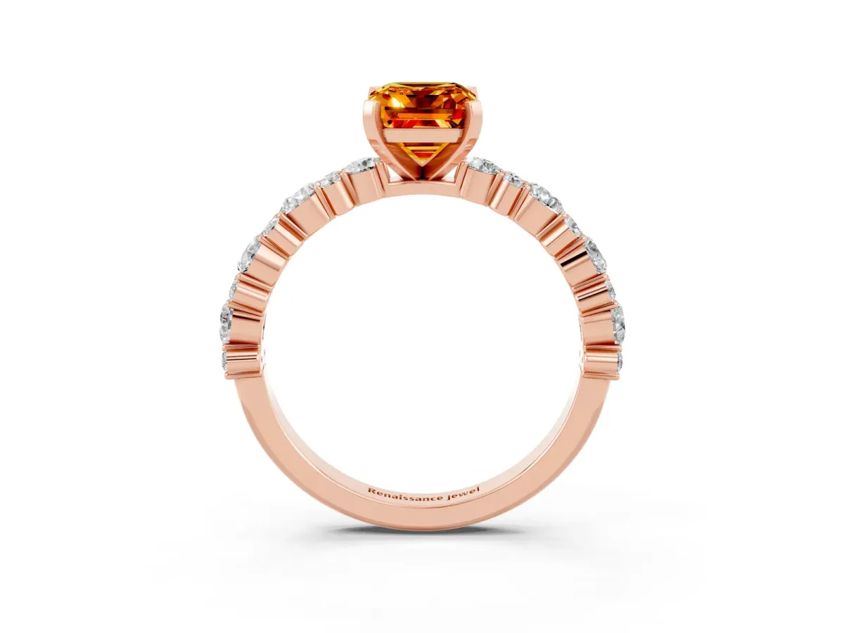 Emerald Cut Citrine Side Stone Solitaire Ring with Round and Four-Prong Setting Rose gold
