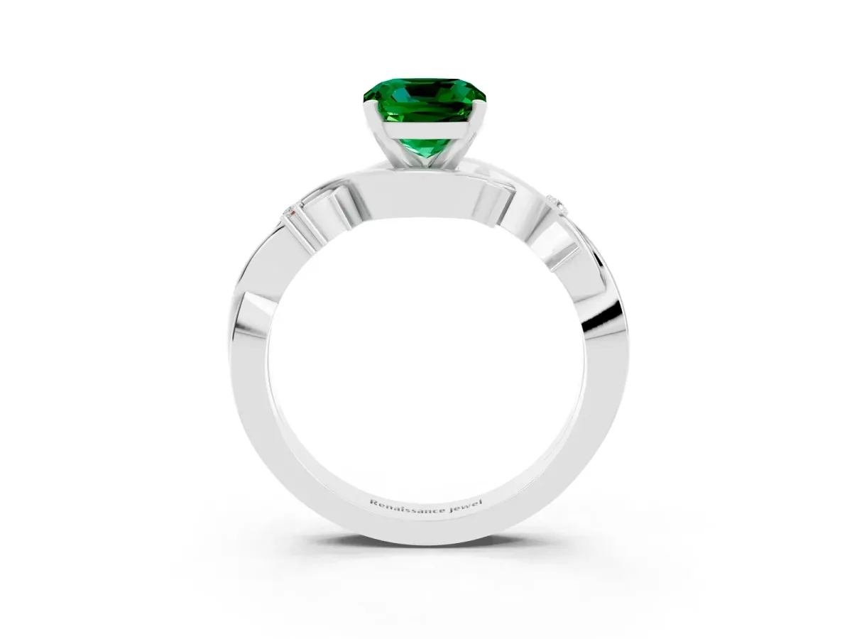 Cushion Cut Emerald Solitaire Ring with Twisted Band and Prong Setting Silver