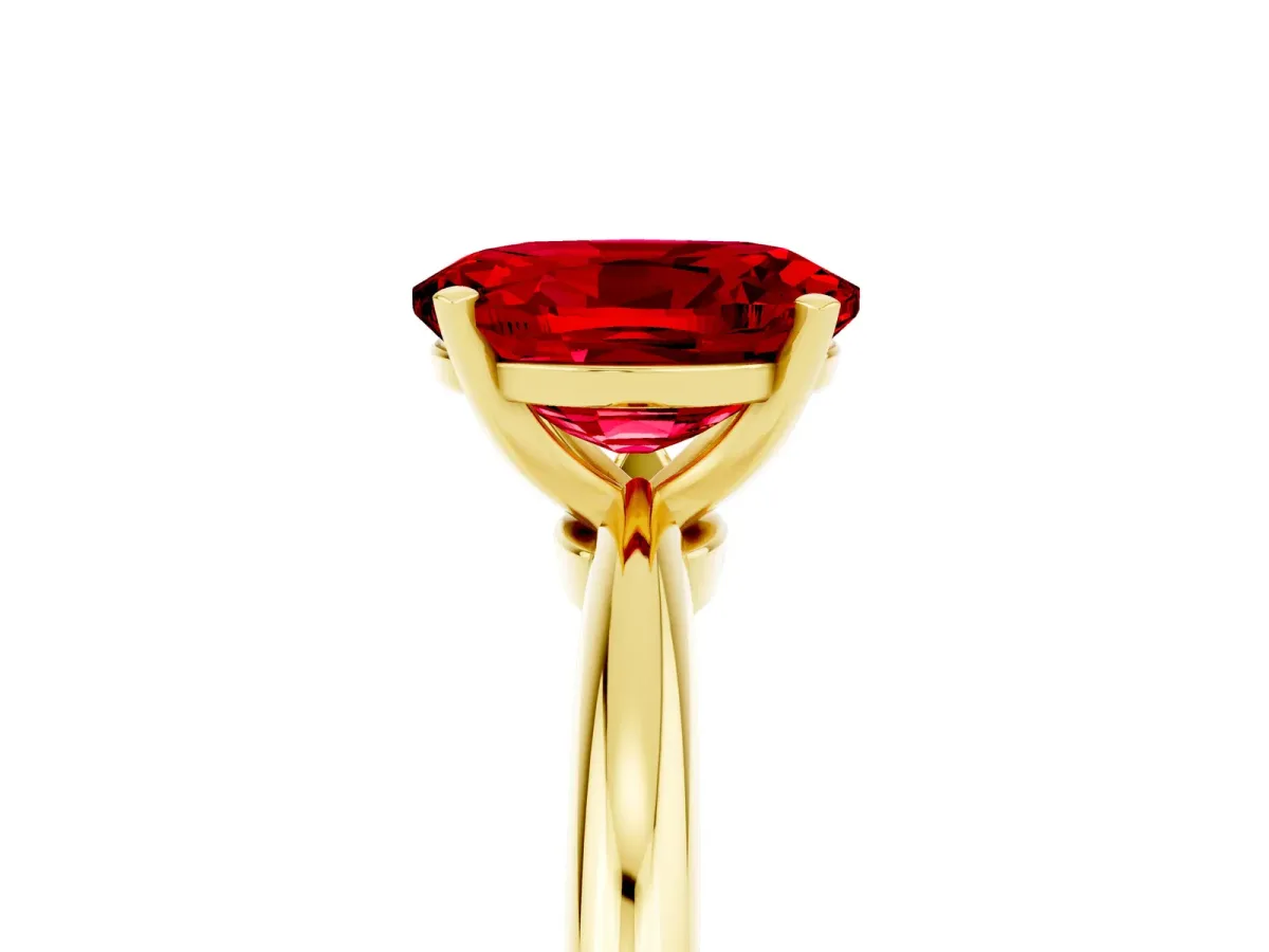 Oval Cut Ruby Solitaire Ring with Six-Prong Setting and Classic Band Yellow gold