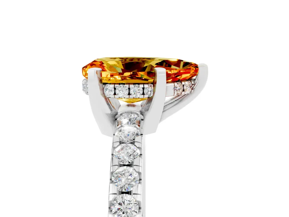 Pear Cut Citrine Solitaire Ring with Round Pavé Band and Four-Prong Setting Silver