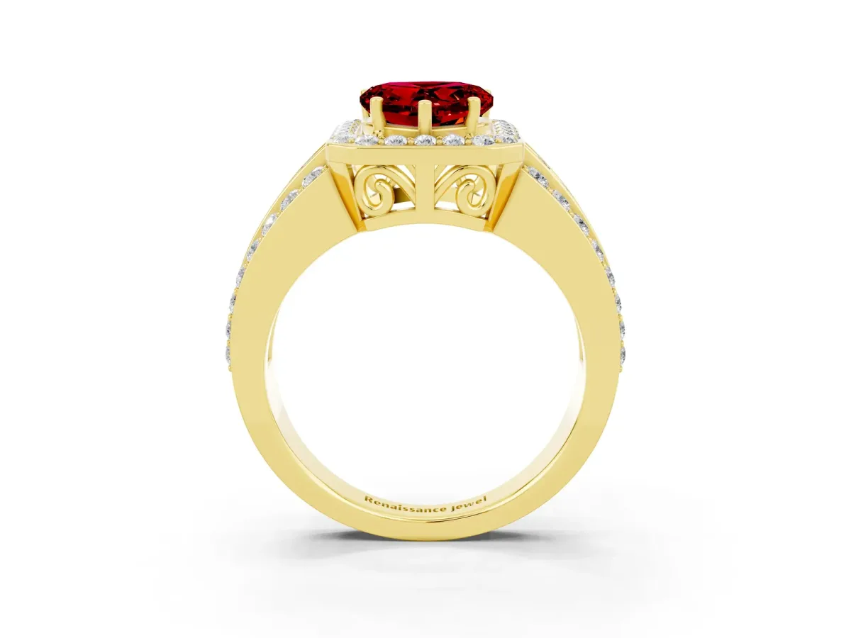 Heart Cut Halo Ruby Ring with Round Split Shank and Prong Setting Yellow gold