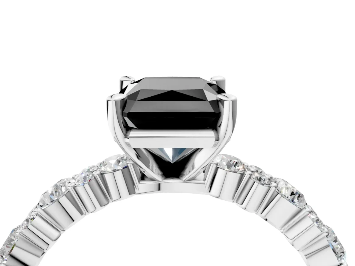 Fancy Black Radiant Cut Diamond Side Stone Solitaire Ring with Round and Four-Prong Setting Silver