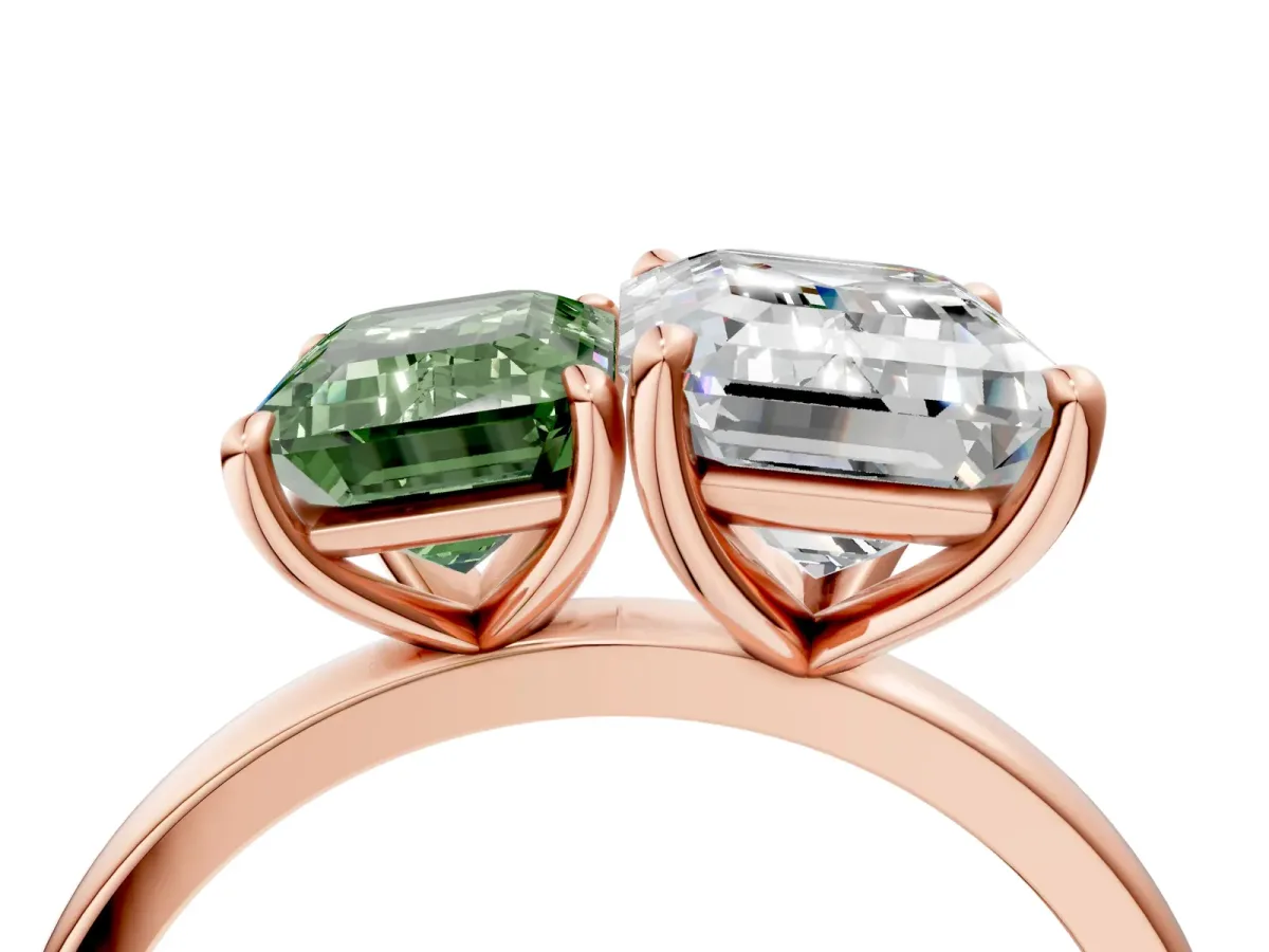 Fancy Green Emerald Cut and Emerald Cut Toi Moi Ring with Prong Setting Rose gold