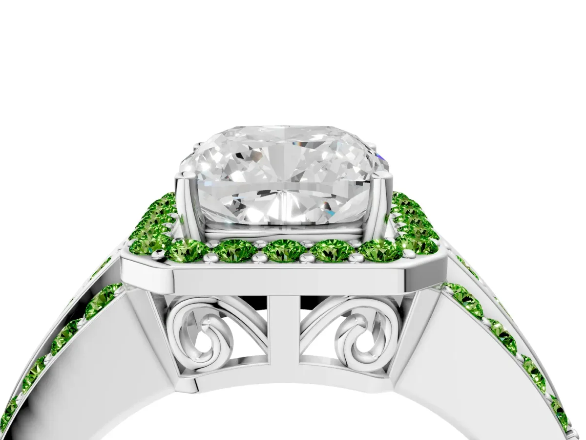 Cushion Cut Halo Diamond Ring with Round Peridot Split Shank and Prong Setting Platinum