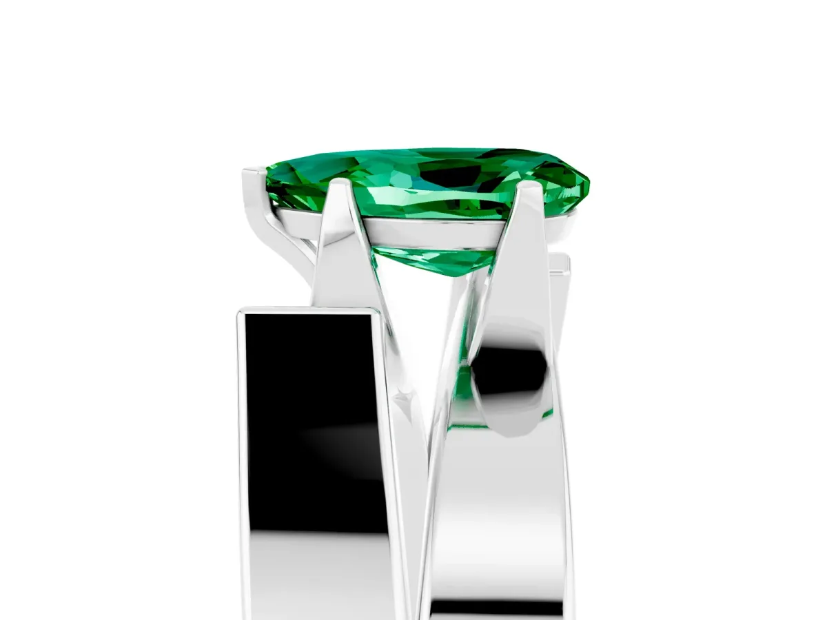 Modern Tension Set Pear Cut Emerald Solitaire Wide Band Ring White gold