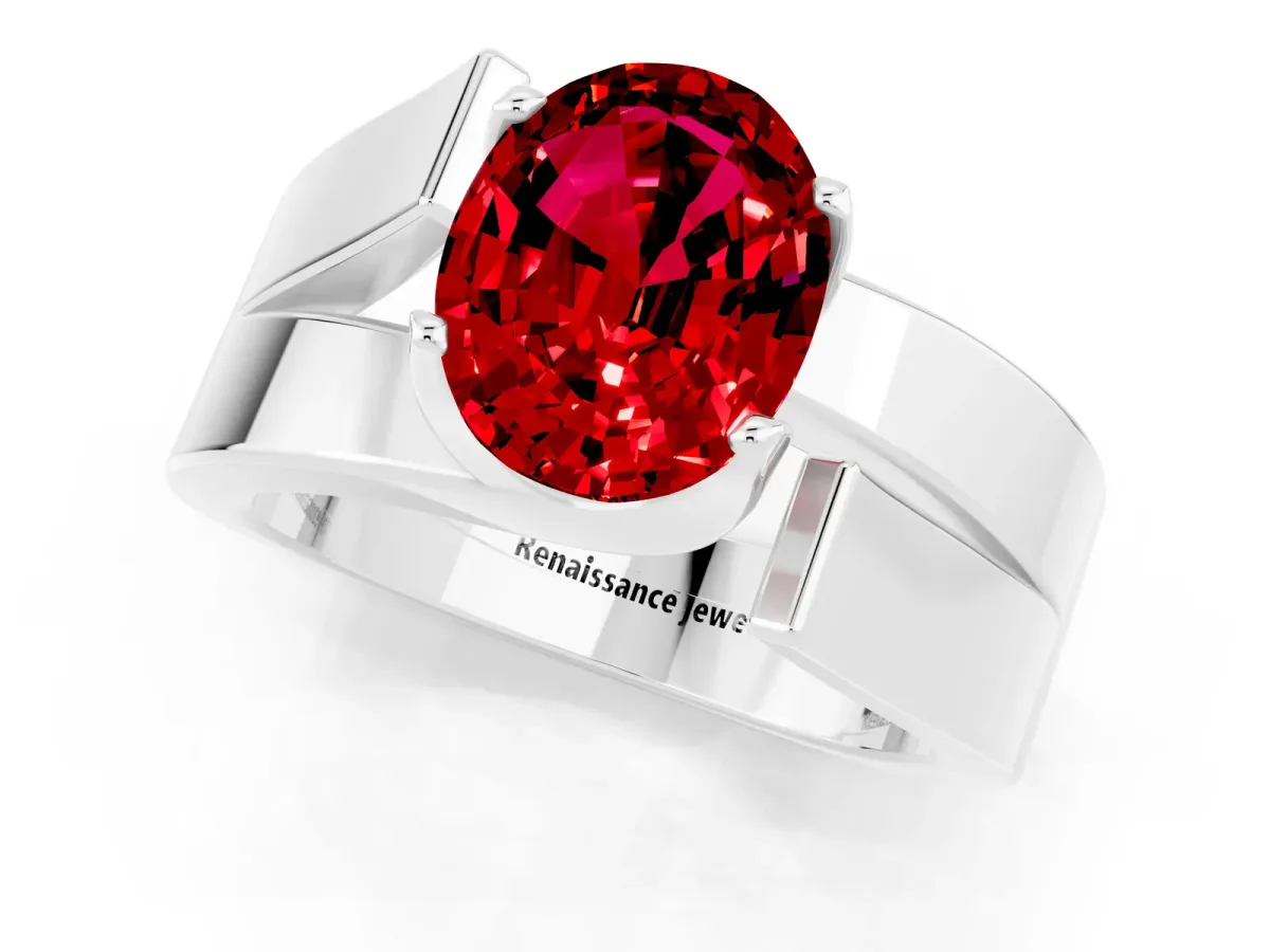Modern Tension Set Oval Cut Ruby Solitaire Wide Band Ring Platinum
