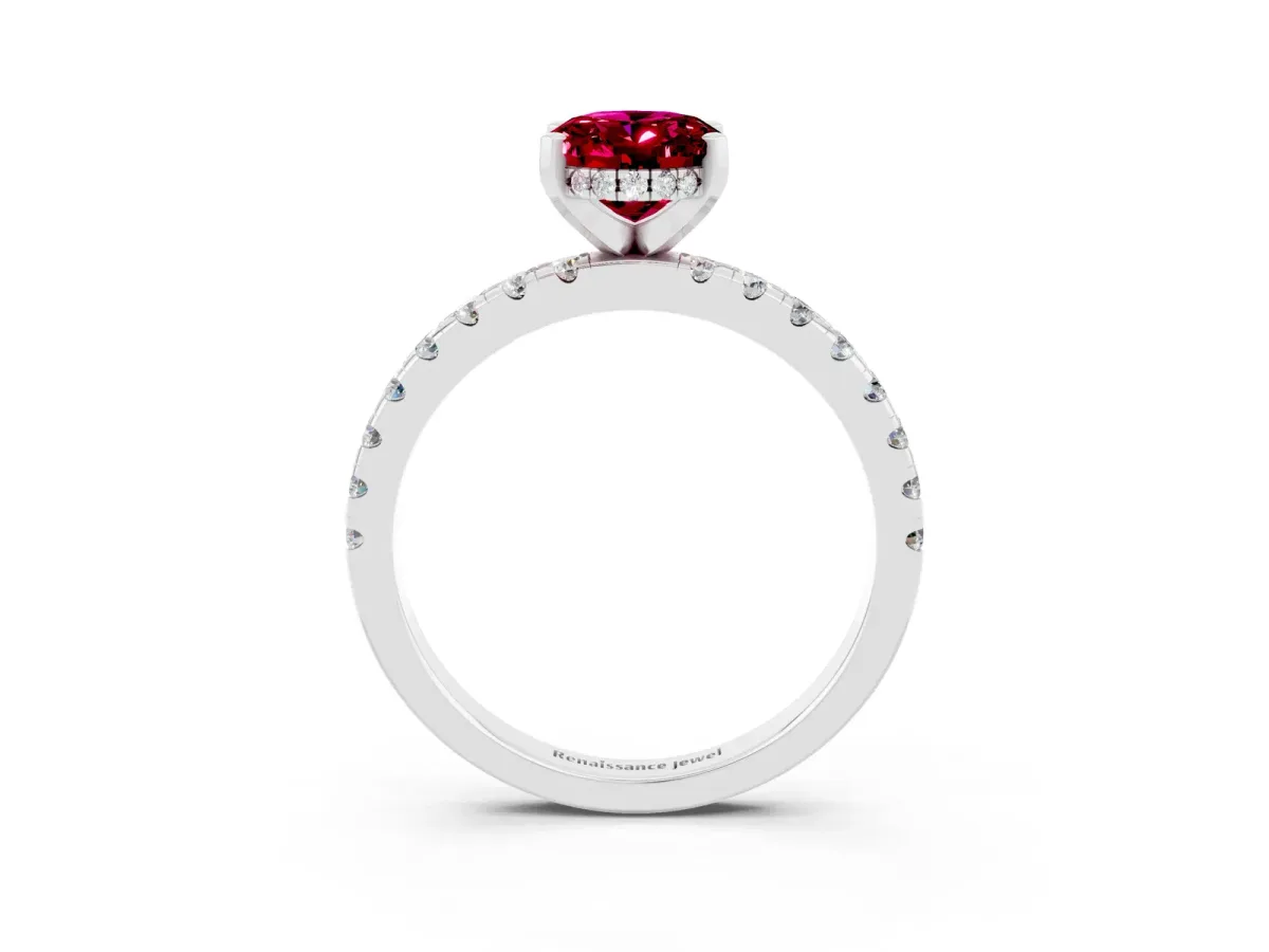 Oval Cut Garnet Solitaire Ring with Round Pavé Band and Four-Prong Setting Silver