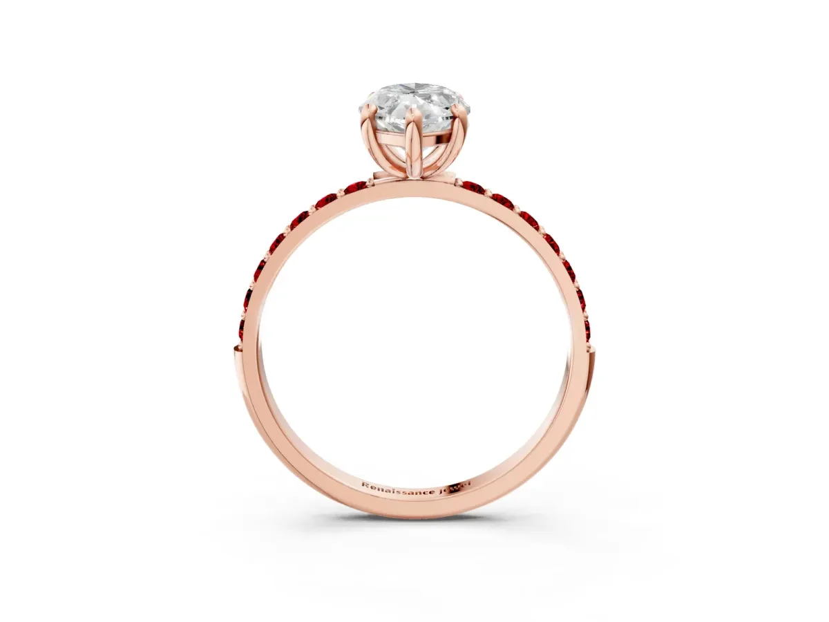 Marquise Cut Diamond Solitaire Ring with Round Ruby Pavé Band and Prong Setting Rose gold