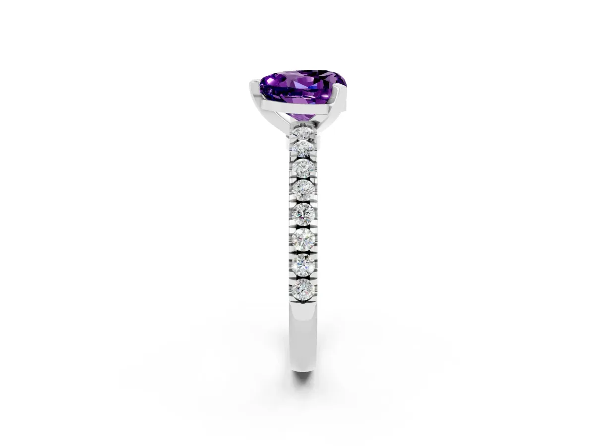 Heart Cut Solitaire Amethyst with Pavé Band and Four-Prong Setting Silver