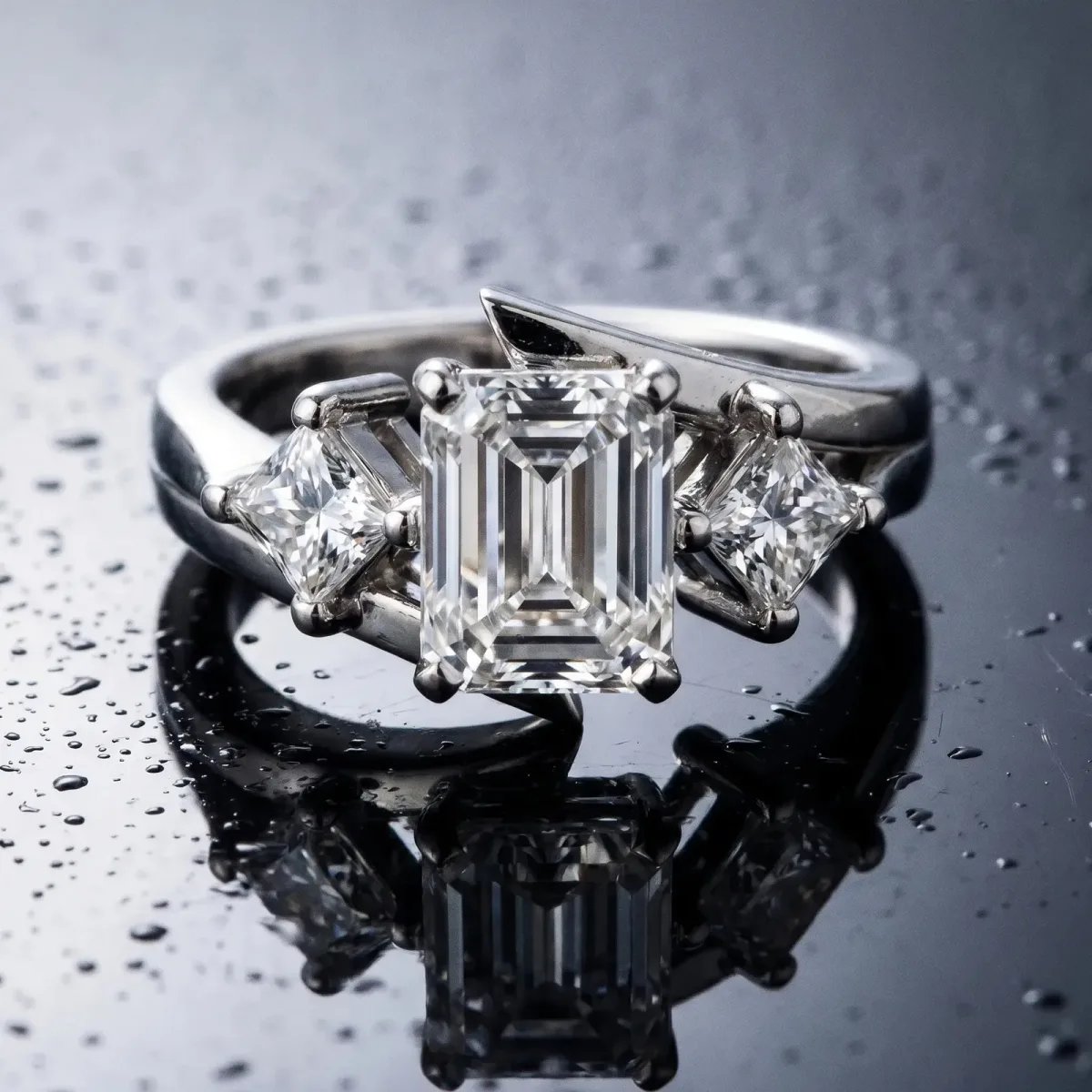 Three-Stone Emerald Cut Cut Tension Band Ring with Four-Prong Setting Platinum