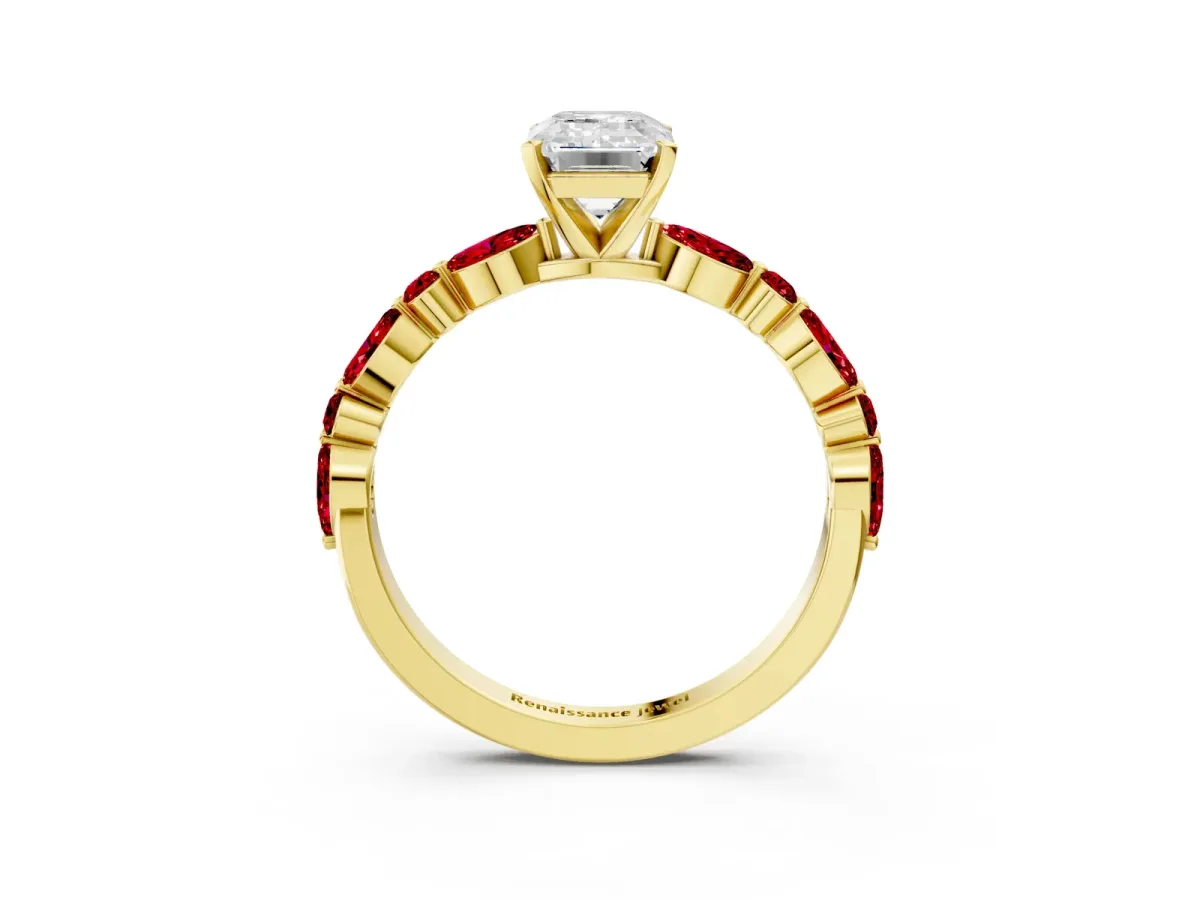 Emerald Cut Diamond Ring with Marquise and Round Ruby Side Stones and Four-Prong Setting Yellow gold