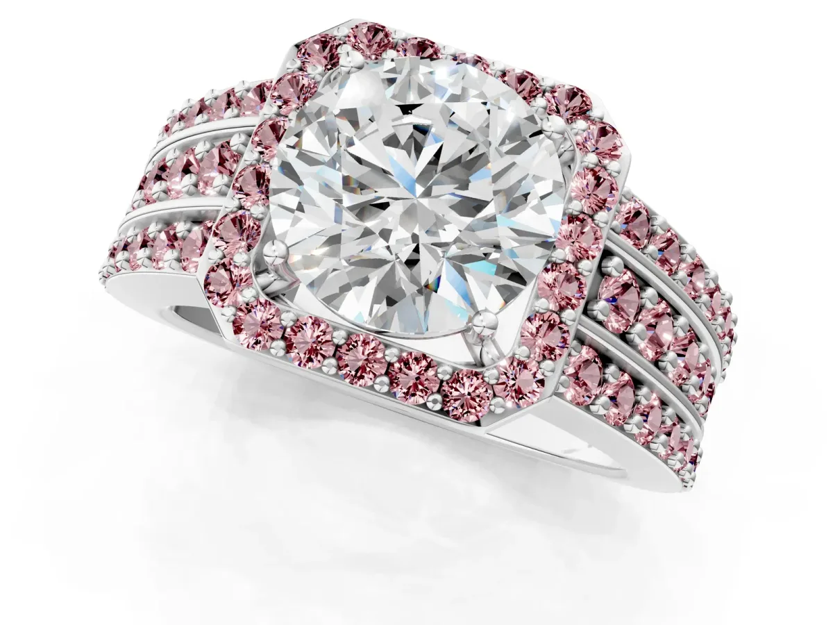 Round Cut Halo Diamond Ring with Round Morganite Split Shank and Prong Setting Silver